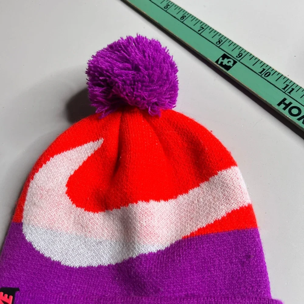 Nike Youth Beanie‎ Hat Purple Red White Swoosh Pom Pom Knit Cap 2547-457